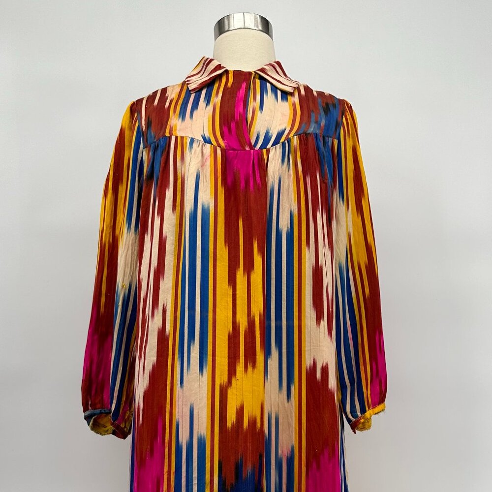 Vintage 1970s Multicolor Hand Woven Silk Satin Ikat Tunic Dress